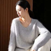 港米服饰/云雾柔感V领拉绒纯羊绒衫女秋冬款拉毛针织毛衣软糯慵懒