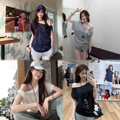 Lady's Casual Off-the-Shoulder Short Sleeve T-shirt 2025 Summer New Pure Color Design Sense Loose Shoulder Student Top