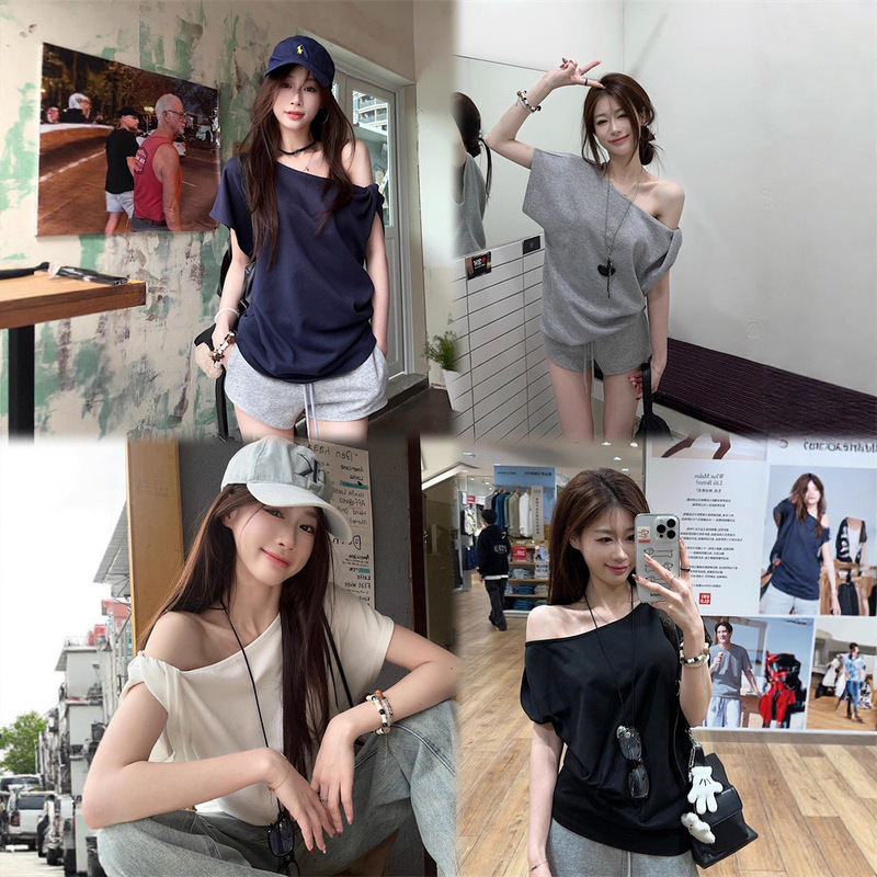 Hot Girl Casual Off-Shoulder Short-Sleeved T-Shirt for Women 2025 Summer New Pure Color Design Loose Slanted Shoulder Student Top