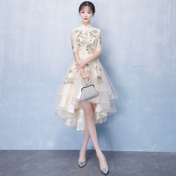 Long, champagne color, asymmetric cut