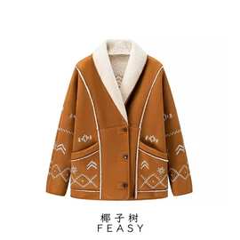 亚马逊跨境外贸欧美女装2024秋冬新款时尚翻领羊羔毛印花长袖外套