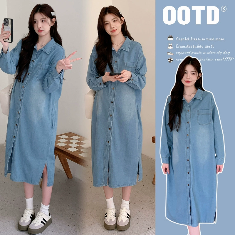 Платье для беременных джинсовое платье с длинными рукавами женское весна и осень 2024 корейская версия ретро тонкий темперамент polo джинсовая рубашка