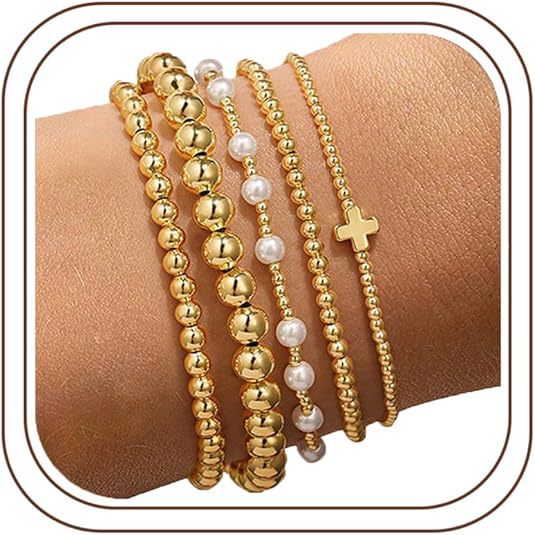 Cross-Border Gold-Plated Pearl Cross Bracelet Set for Women, Fashionable and Simple Stacked Style Gold Beaded Jewelry