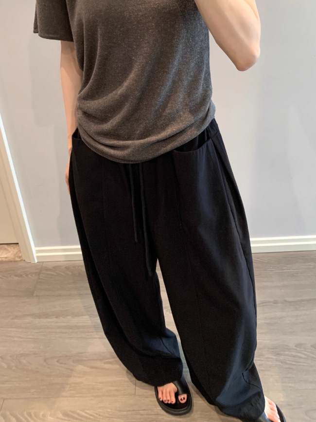 Quần culottes nữ ống rộng cạp thun dây rút vải linen mùa hè — màu đen, màu trắng ngà