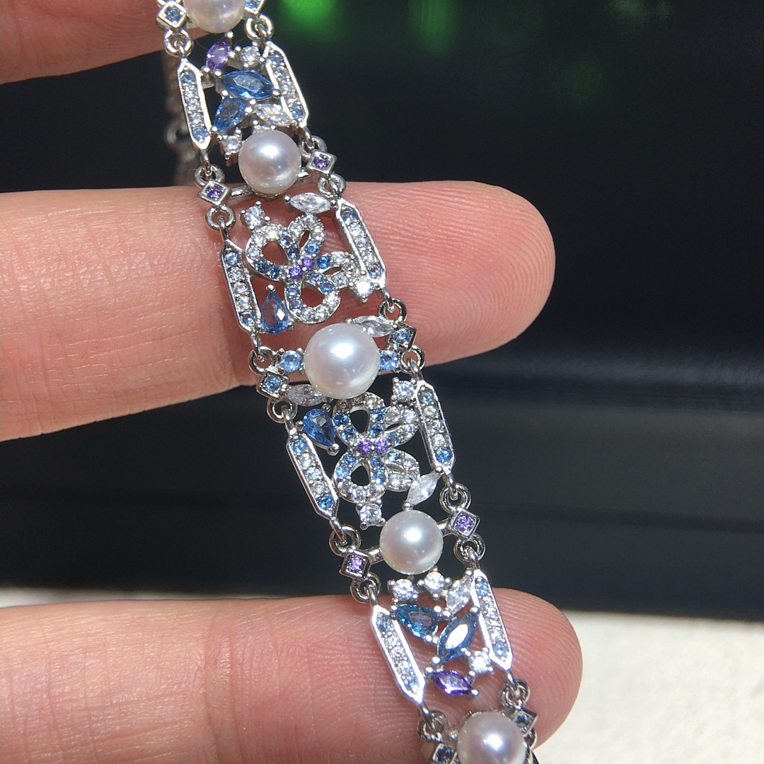 Vòng tay ngọc trai nước ngọt tự nhiên cao cấp đính zircon — bạc chi tiết 2
