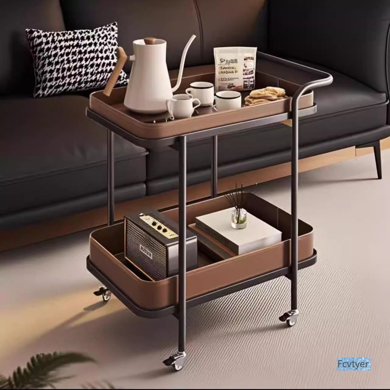Langyu Home Corner Coffee Table Saddle Sofa Storage Rack with Wheels Light Luxury Living Room Bedside Cabinet Mobile Trolley