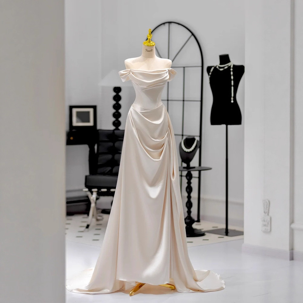 French Retro One-Shoulder Bridal Light Wedding Dress Satin High-End Wedding Dress Evening Dress Light Luxury Welcome Dress