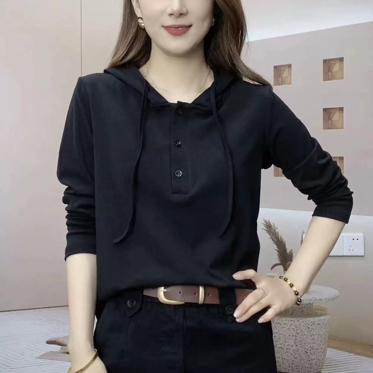 跨境女装新款连帽卫衣秋季显瘦遮肚子休闲套头女士长袖打底T恤衫