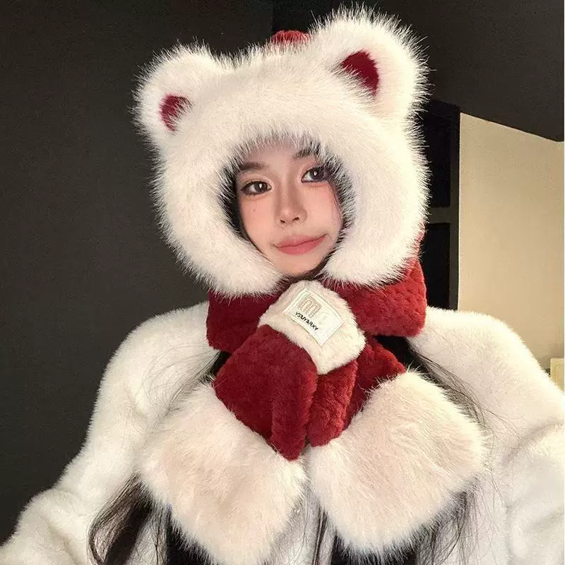 秋冬季帽子女新款毛绒帽可爱拼色小熊耳朵加厚保暖围脖一体两件套