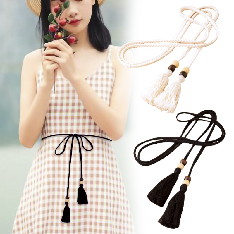 流蘇腰帶女細學生打結腰繩配裙子襯衫裝飾百搭韓版皮帶加長棉質