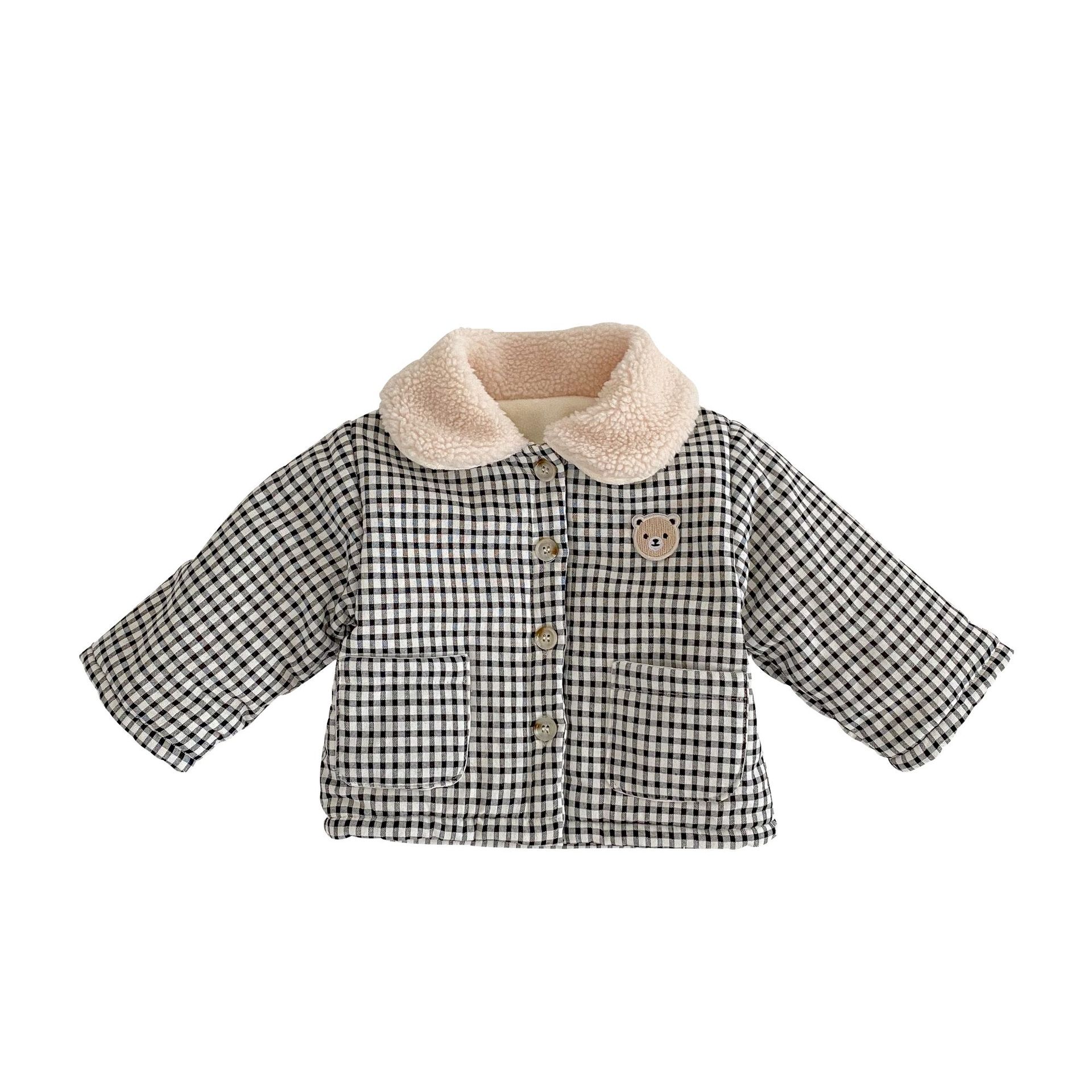 2023 bebé abrigo de invierno de los hombres y las mujeres de estilo coreano Oso de la tela escocesa acolchada de algodón caliente acolchado chaqueta engrosada de los niños