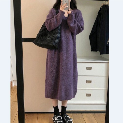 Korean-style mid-length knitted dress for women, autumn/winter 2024 new style, lazy inner layer bottoming dress with V-neck sweater dress