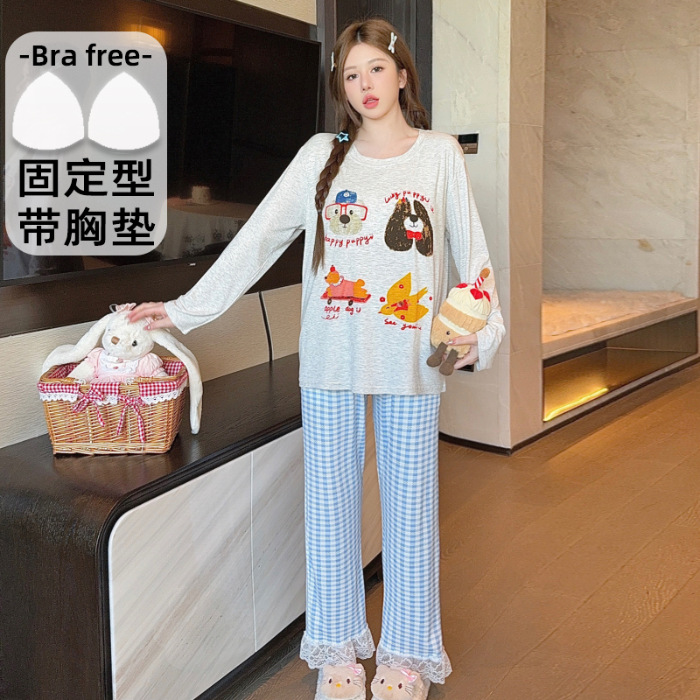 Modal Pajamas for Women with Padded Long-Sleeved Pants, Cartoon Fresh Ladies, Bra-Free Home Clothes, Women's Suits