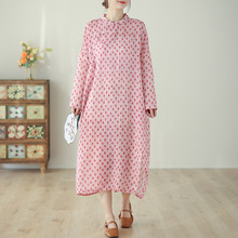 实拍现货2025春夏新中式女装棉麻印花改良旗袍民族风连衣裙袍子