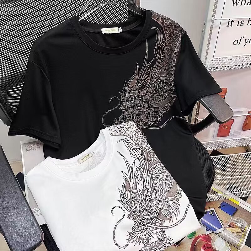 Spiritual Boy Hot Drilling Shoulder Dragon Short-sleeved T-shirt Men's Half-sleeved Summer New T-shirt Internet Popular Same Style Fashionable Brand Short-sleeved Men