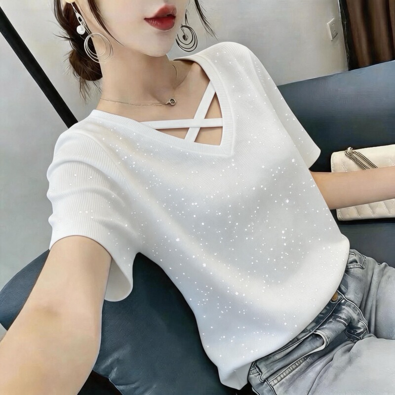 Wholesale New Style Hollow-Out V-Neck Ice Silk Ribbed Stylish Star-Patterned 2026 Summer Mom Short-Sleeve T-Shirt, Slimming and Versatile