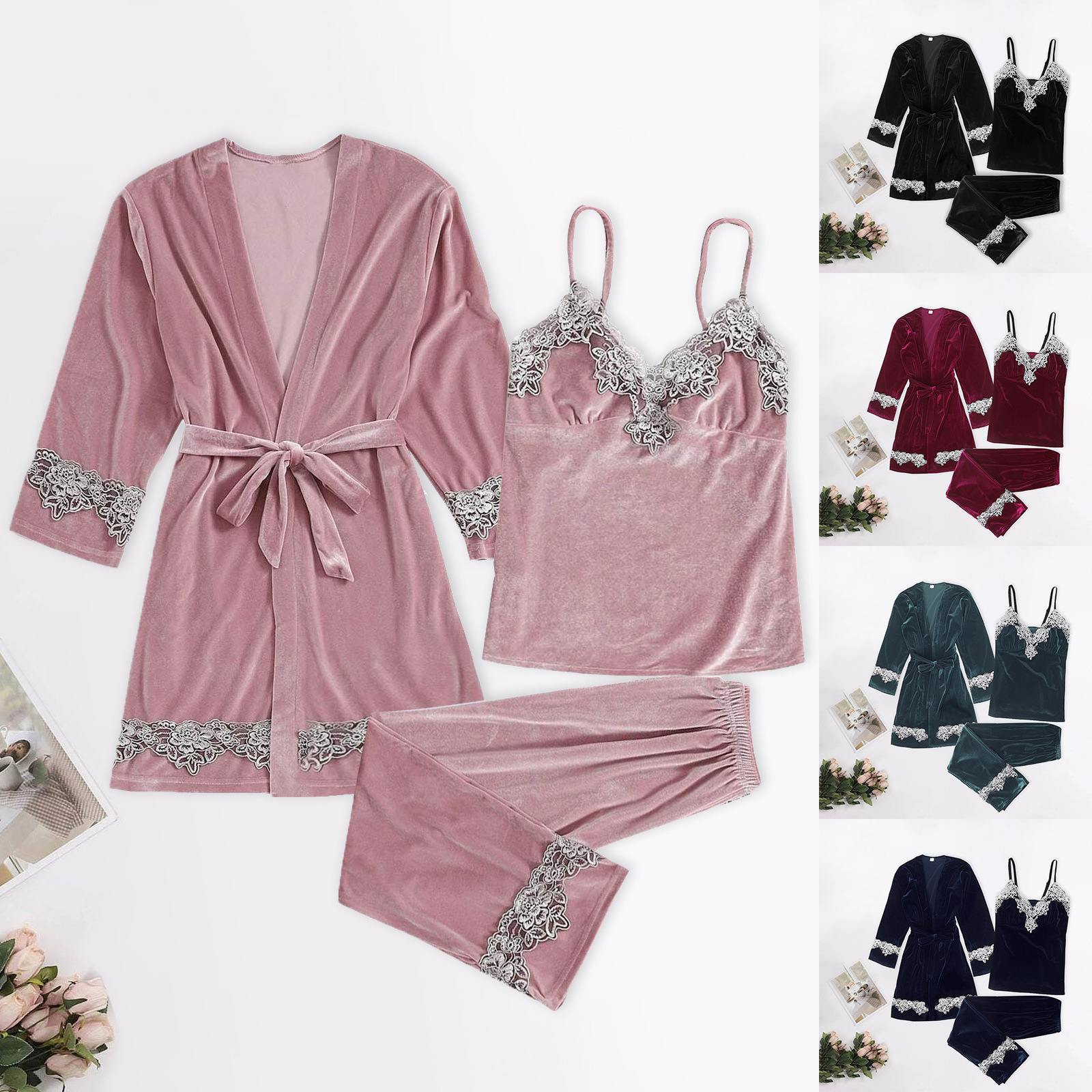 A generation of explosions velvet three-piece suspenders pants nightgown set sexy underwear nightgown sexy women's home clothes