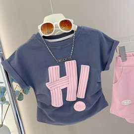 女童夏季T恤韩版新款童趣印花修身上衣中童女孩纯色个性短袖夏装