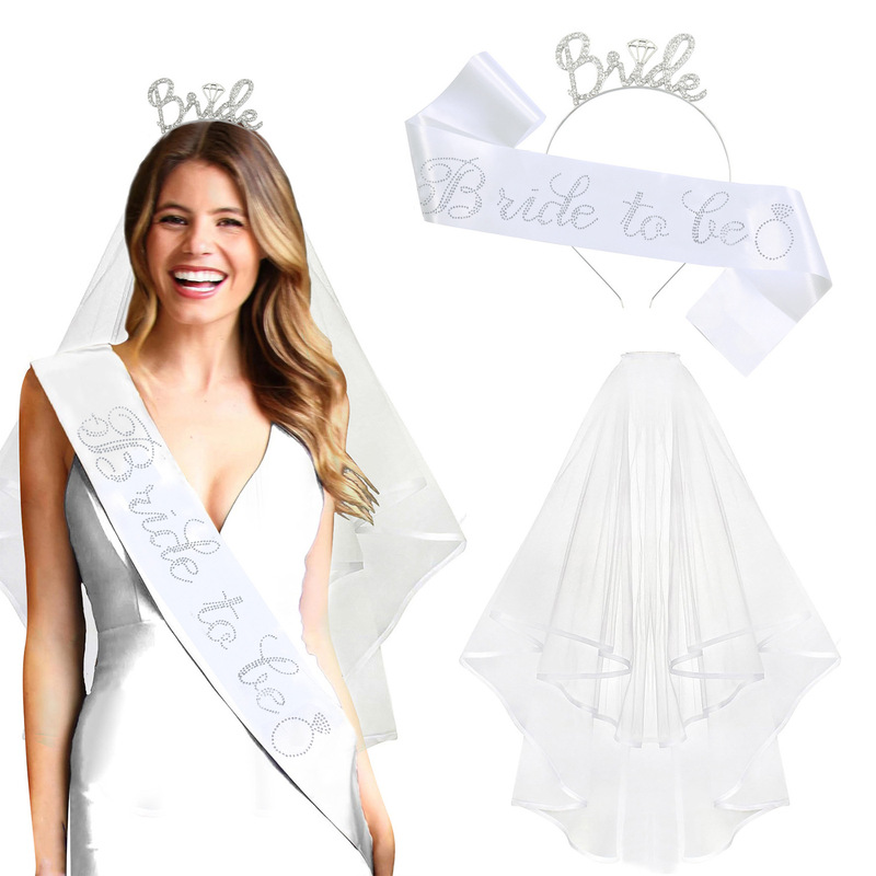 3-Piece Set of European and American Bachelorette Party Bride to Be Bridal Crown Headband Shoulder Strap Veil Set Wedding Veil