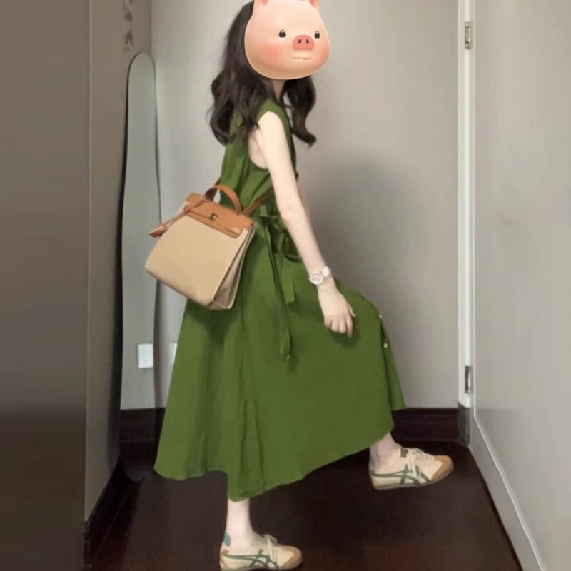 [original Method] French Green Lapel Sleeveless Dress Women's Summer New Retro Temperament Single Breasted Long