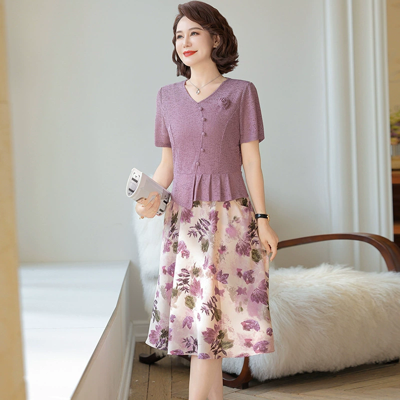 2025 летний новый V-образный вырез с короткими рукавами поддельное платье из двух частей