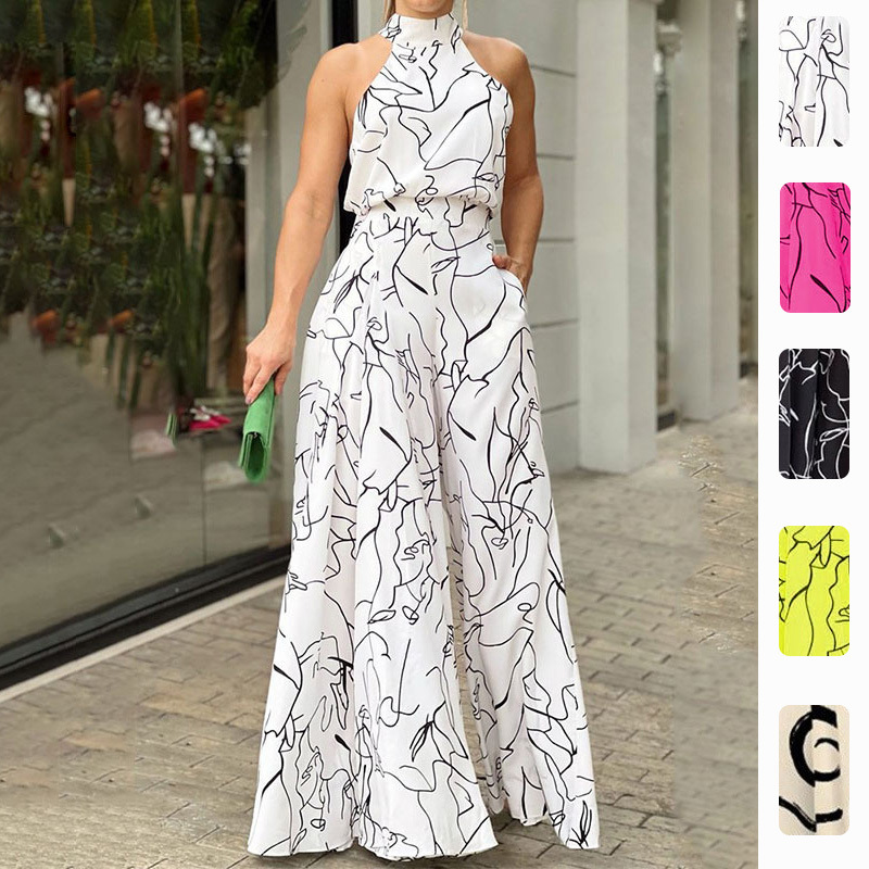 Spring Women's Printed Jumpsuit Slim Fit Wide Leg Casual Polyester Fashionable Versatile Clothing_ecoleips.com