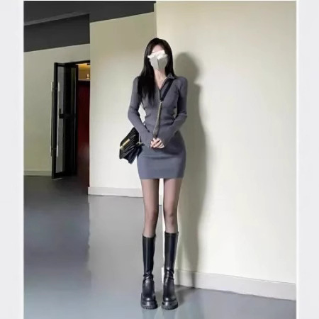 Knit long-sleeve dress for early autumn wear, annual women's fashion, spicy girl, post-surgery matron dress, body-hugging skirt