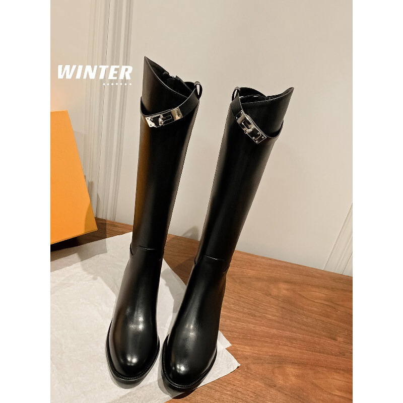 Cowhide ~ Women's Knee-High Boots, Genuine Leather Boots, Women's British Style Belt Buckle High Boots, Slim Knight Boots