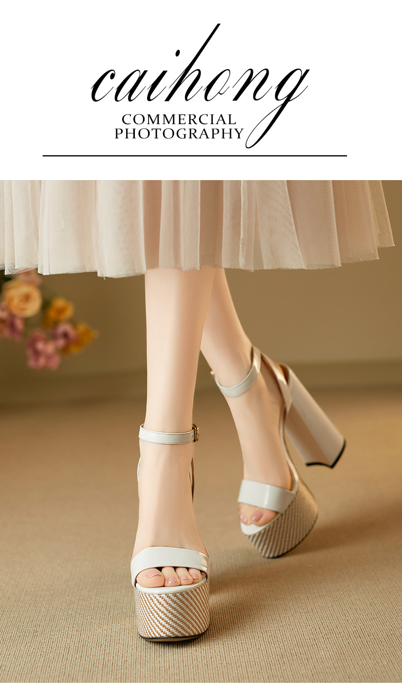 Sandal hở mũi một dây Yichuan da thật gót vuông cao 9 cm — đen chi tiết 1