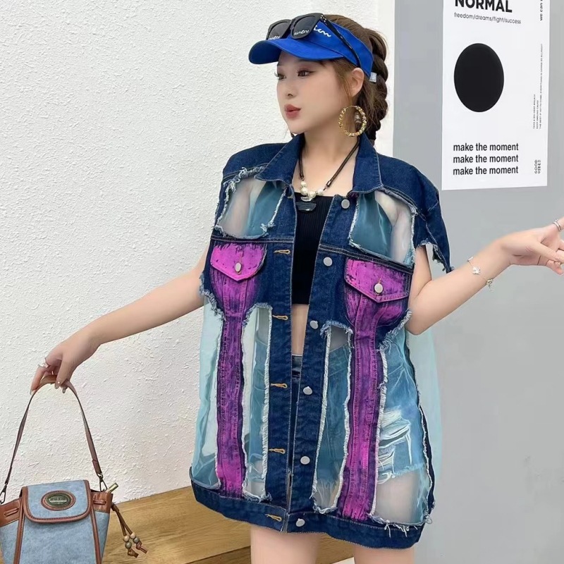 2024 primavera graffiti dibujos animados denim chaleco de malla de mujer empalme suelto chaqueta media larga marca de moda