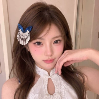新中式蓝蝴蝶流苏发夹复古蕾丝吊坠旗袍配饰国风少女侧边碎发边夹