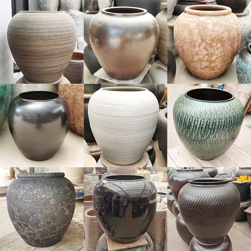 Japanese Retro Ceramic Countertop Vase Large Diameter Succulent Flower Pot Living Room Simple Decoration Stoneware Zen Decoration