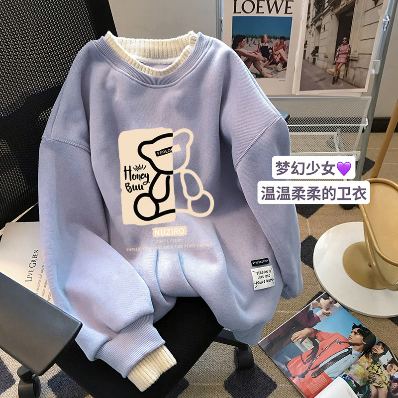 加绒加厚卫衣女秋冬新款圆领假两件长袖气质上衣日韩宽松大码女装