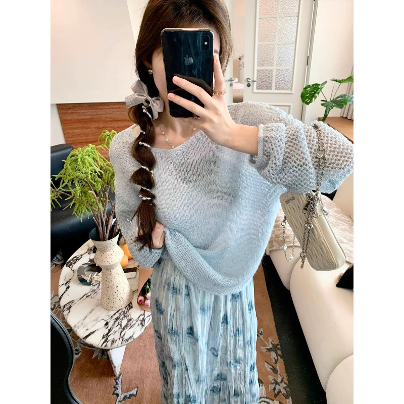 Ys Light Blue Cut Out Knitwear for Women 2026 Spring and Summer New Style Round Neck Pullover Long-Sleeved Sun Protection Blouse Slimming Look Top