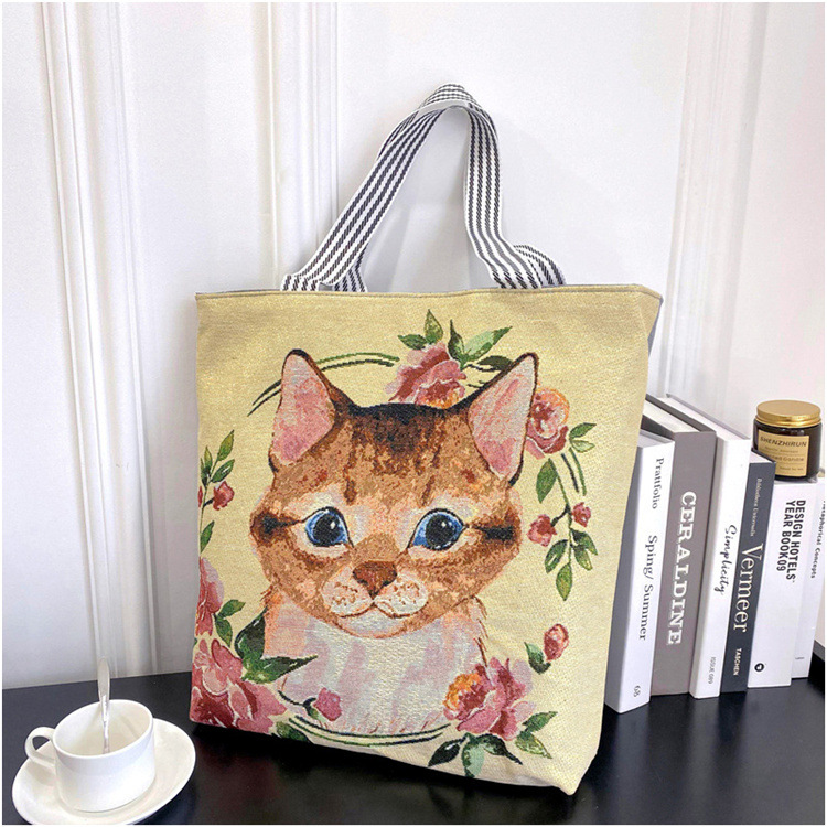 189g Weight Polyester Lining Material Zipper Closure Type Double Shoulder Straps Strap Type Tote Bag Bags Type Casual, Daily Occasion Linen Material Animal Pattern All Seasons Season Women's Gender Cute Style Square Shape Women's Linen Animal Cute Square Zipper Tote Bag 21