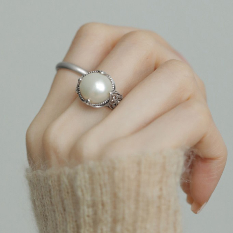 Vintage Pearl Hollow Ring For Women Adjustable Open Design_voghion.com