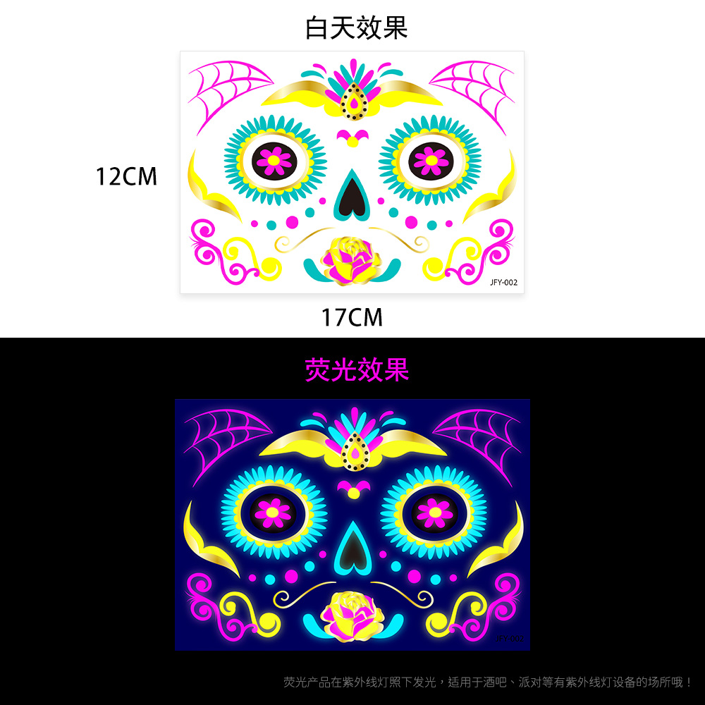 Tatuajes Temporales Metalizados para Cara de Papel de Transferencia de Agua, Fluorescente para Fiesta de Halloween