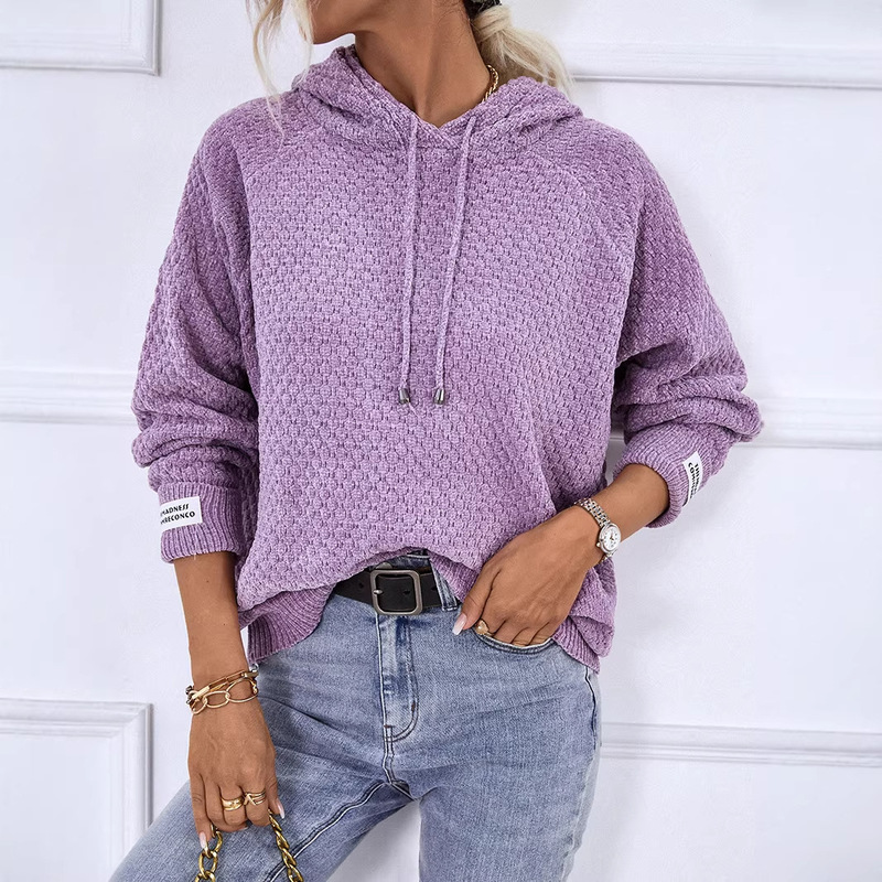 Light Rain Hooded Drawstring Cross-Border Knit Sweater 2023 Autumn and Winter New Solid Color Pullover Casual European and American Style Women's Sweater Light Rain Hooded Drawstring Cross-Border Knit Sweater 2023 Autumn and Winter New Solid Color Pullover Casual European and American Style Women's Sweater