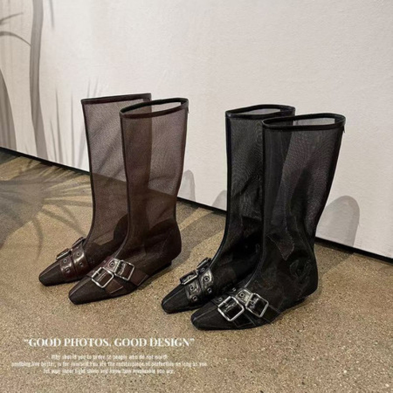 European and American Style Square-Toe Belt Buckle Mid-Calf Boots for Women, Summer Breathable Mesh Knight Boots, Height-Increasing Long Boots with Small Wedge Heels and Mesh