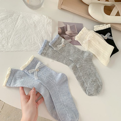 女性用レースリボンレースソックス、夏用薄手バレエスタイルミッドカーフソックス、小さな革靴付きラブメッシュパイルソックス