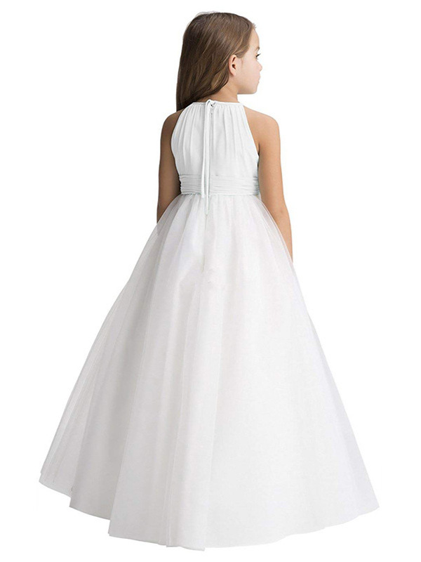 Aibao cumpleaños anfitrión pasarela verano niñas sin mangas gasa beige largo nuevo vestido de la princesa los niños