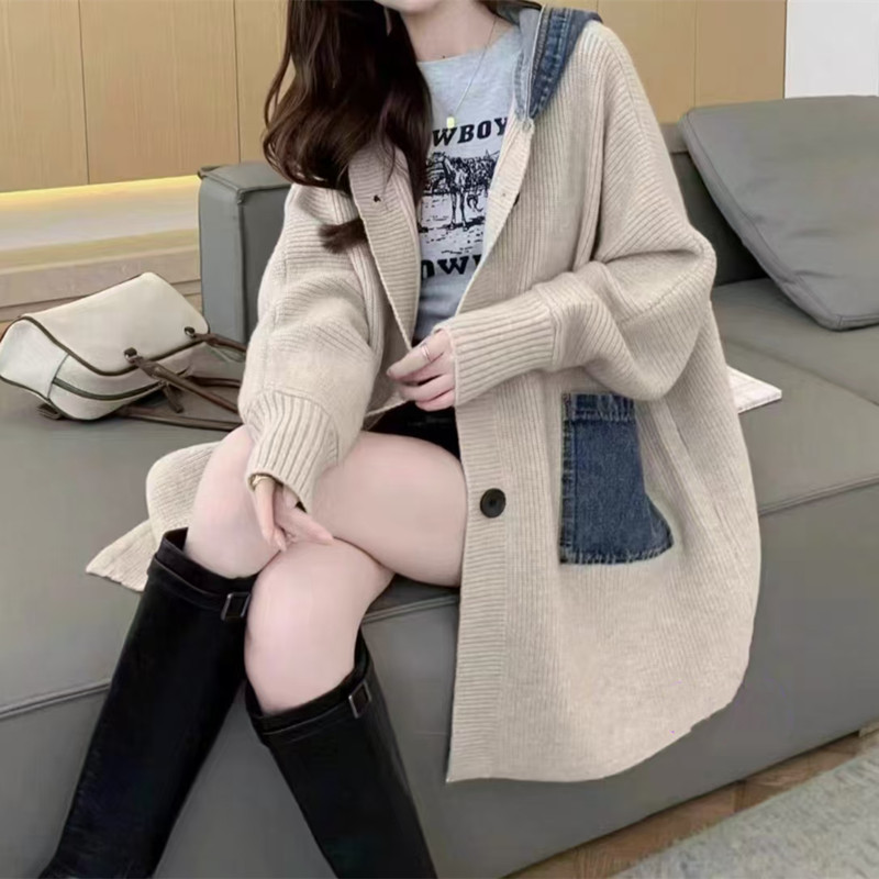 Korean Style Denim Patchwork Hooded Knit Cardigan Jacket, New Autumn and Winter Loose Long Casual Sweater for Women Korean Style Denim Patchwork Hooded Knit Cardigan Jacket, New Autumn and Winter Loose Long Casual Sweater for Women