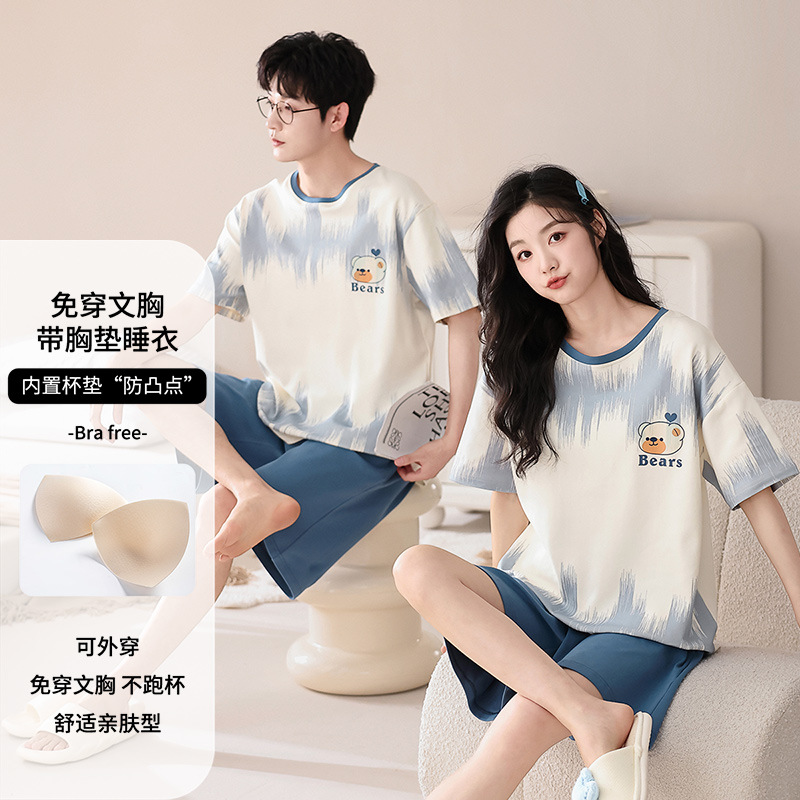 Couple's Pajamas Summer Short-sleeved Pure Cotton Women's suit with Chest Pad Men's plus size Cartoon Thin Outer Wear for Home