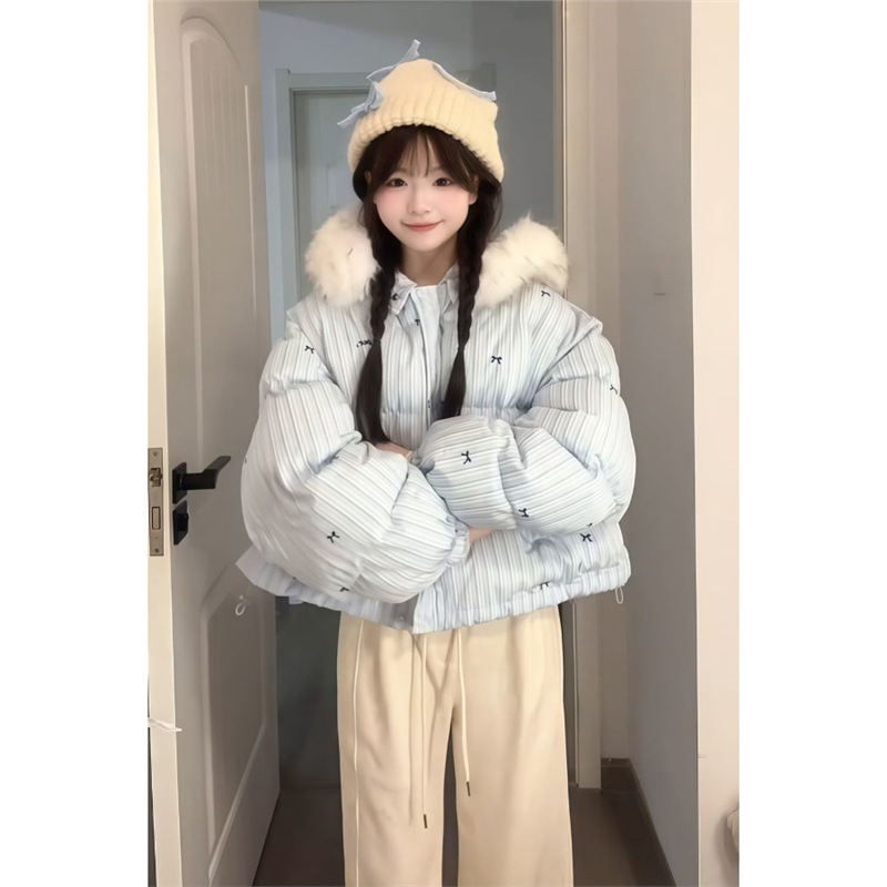 新款毛领韩系棉服女蝴蝶结冬季爆款短款面包外套加厚保暖学生棉衣