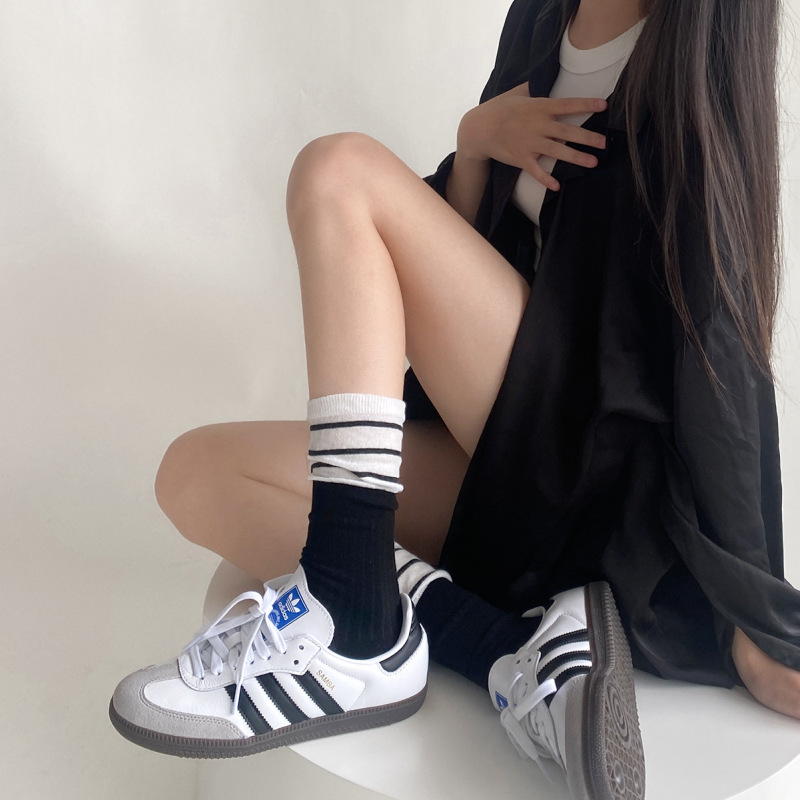 ins South Korea niche design loose mouth fake two-piece stitching mid-calf length Socks striped trendy preppy style pile socks all-matching