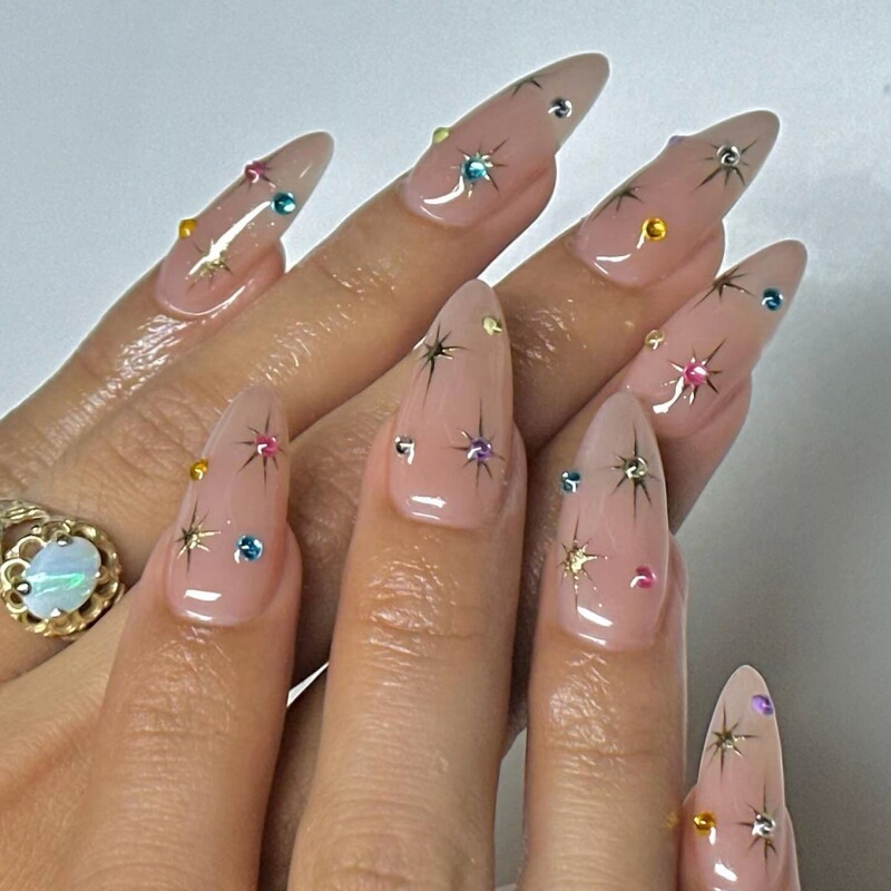 Cross-Border Long pointed nail-shaped multi-color flash Diamond wear nail foreign trade drop-type push-type nail wholesale