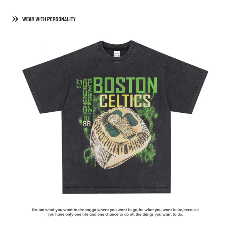 Retro Encyclopedia Celtics Championship Ring American Loose High Street Sports Printed Short Sleeve T-Shirt