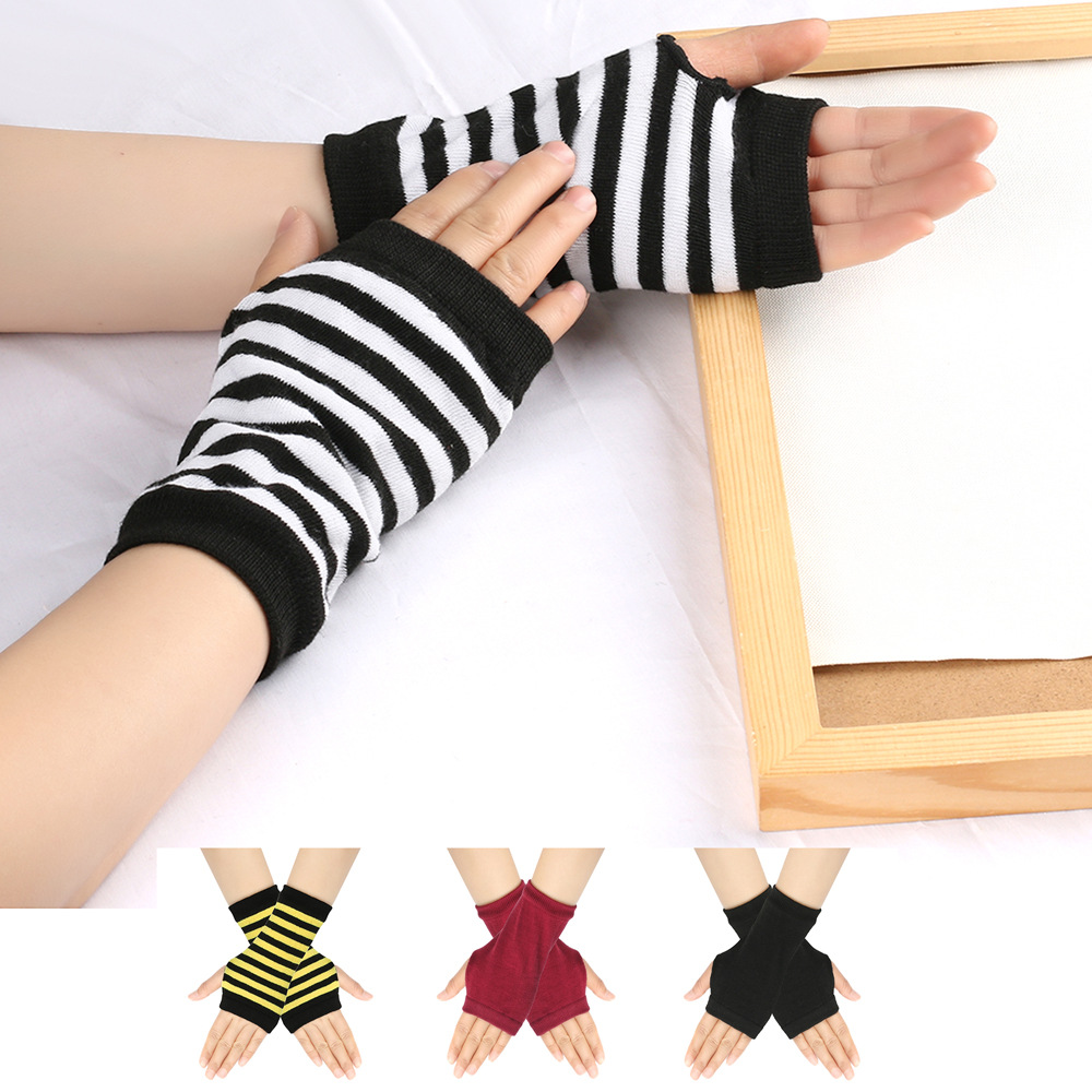 Mangas de muñeca abiertas a rayas para hombres y mujeres, tejido fino, guantes cortos de escritura para niños, color sólido, para hacer uno mismo_voghion.com