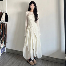 茶系穿搭一整套韩系温柔连衣裙针织开衫两件套装女春季不规则长裙