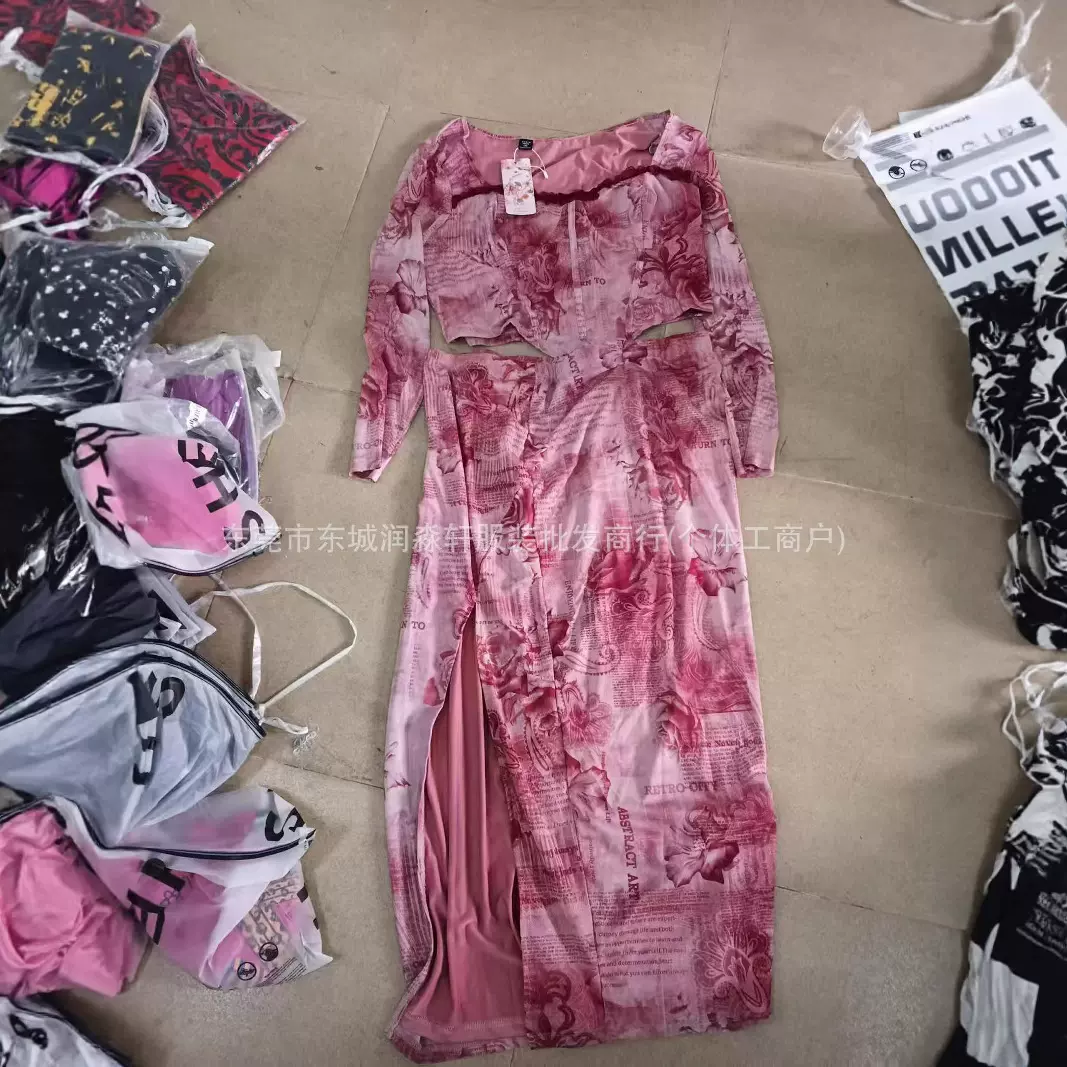 shein suit外贸欧美女装时尚辣妹性感上衣包臀抽褶短裙套装批发